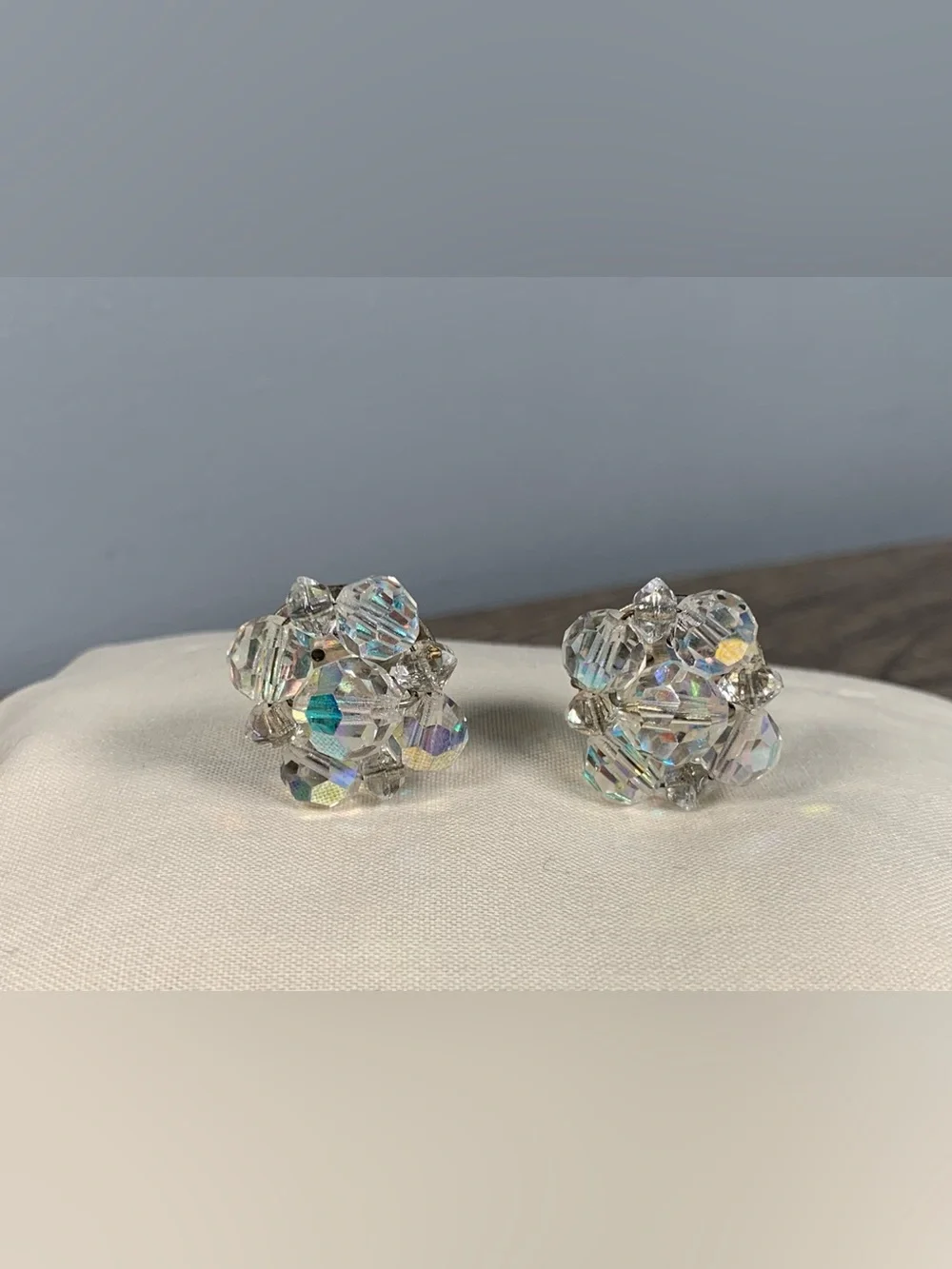 Vintage Beaded Cluster AB Iridescent Clip On Earrings Clear